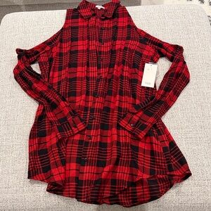 Tobi Red and Black Plaid Cold-Shoulder Button-Down Shirt